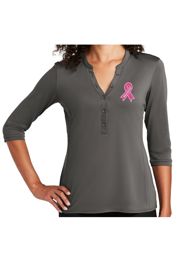 Women's Breast Cancer Survivor Ribbon Patch 5-button 3/4 Sleeve Henley Shirt, 2XL Sterling Grey