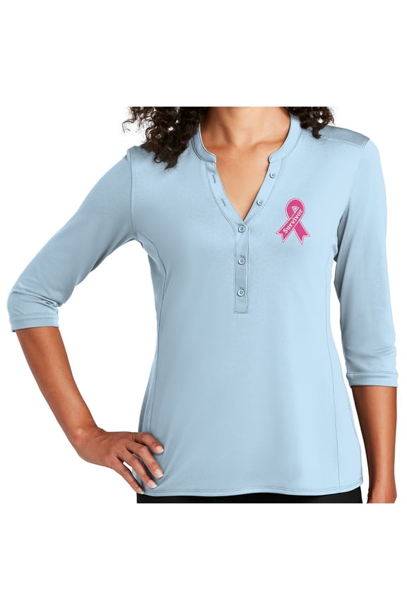 Women's Breast Cancer Survivor Ribbon Patch 5-button 3/4 Sleeve Henley Shirt, Large Cloud Blue