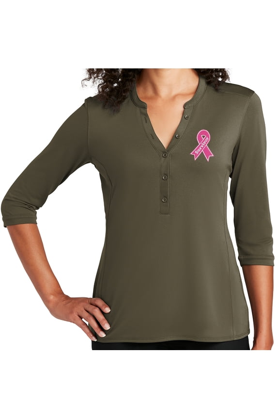 Women's Breast Cancer Survivor Ribbon Patch 5-button 3/4 Sleeve Henley Shirt, XL Deep Olive