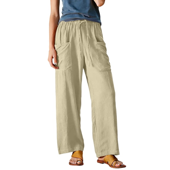 Women's Breathable Cotton Linen Beach Pants High Waist Wide Leg Loose Fit Summer Trousers Khaki XL