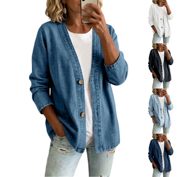 Women's Breathable Denim V Neck Cardigan Drop Shoulder 3/4 Sleeve Shirt Relaxed Fit Vacation Coat Black S