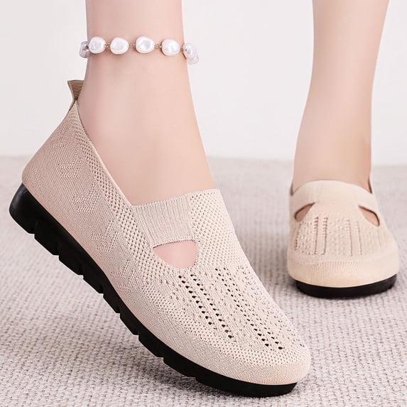 Women's Breathable Fly Knit Sneakers,Lightweight Slip On Walking Shoes with Hollow Out Mesh,Comfortable Soft Sole Loafers for Travel,Work,and Daily Casual Wear,Easy On and Off Design,US Size: 6