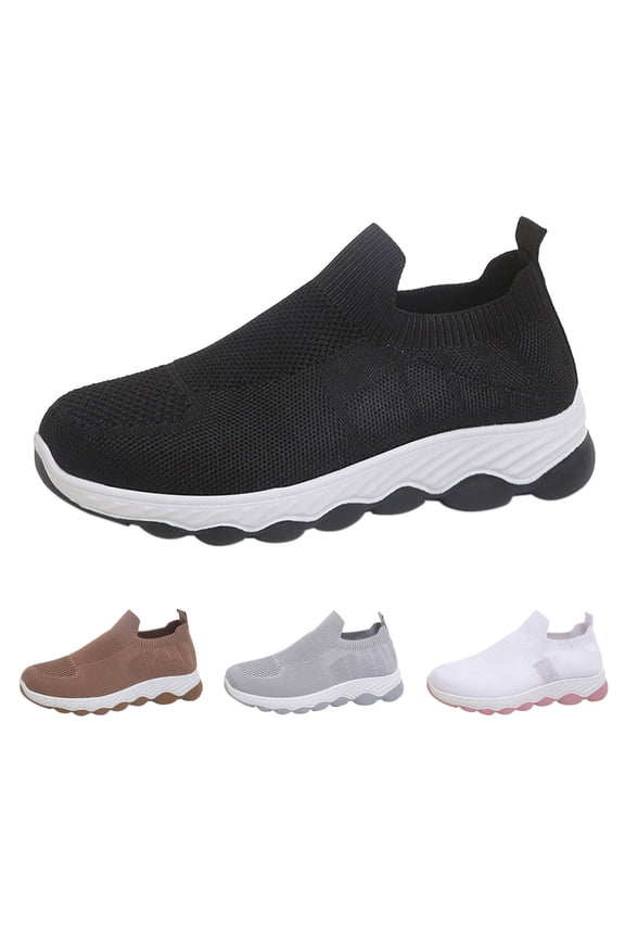 Women's Breathable Fly‑knit Slip‑on Platform Sneakers, Elastic Sock‑type Walking Shoes for Daily Casual Outdoor Wear Black 36