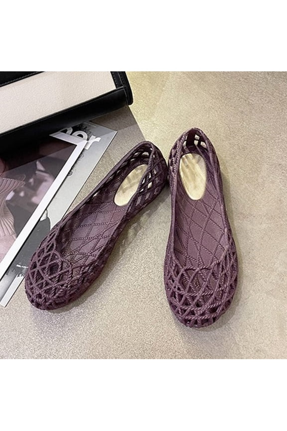 Women's Breathable Jelly Flats, Woven Hollow Out Slip-On Shoes, Waterproof Casual Sandals for Beach, Summer, Daily Wear Purple 39