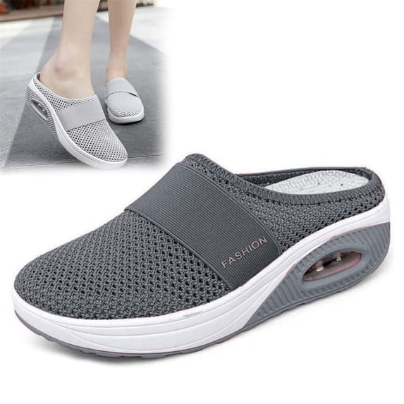 Women's Breathable Knit Air Cushion Mules, Slip-On Walking Shoes with Arch Support