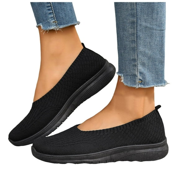 Women's Breathable Knit Loafers Casual Low Top Slip On Sneakers Wedge Comfortable Non Slip Dress Shoes Black Size 6.5