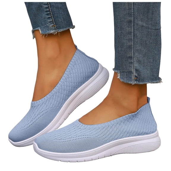 Women's Breathable Knit Loafers Casual Low Top Slip On Sneakers Wedge Comfortable Non Slip Dress Shoes Blue Size 6.5