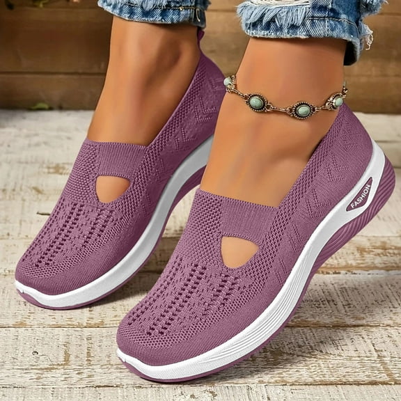Women's Breathable Knit Slip-On Walking Shoes, Lightweight Comfort Casual Sneakers with Air Cushion Support