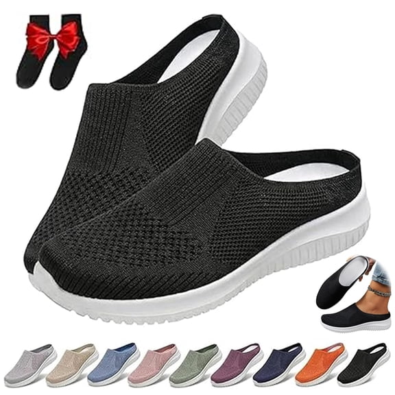 Women's Breathable Knit Slip-On Walking Shoes Orthopedic Slide on Backless Tennis Sneakers Loafers with Arch Support,2026 Summer Casual Slip on Mules Flats Memory Foam Clogs