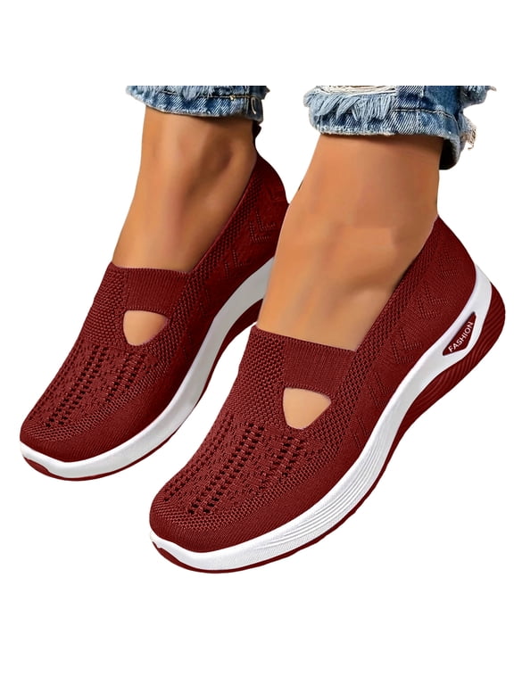Women's Breathable Knit Slip on Orthopedic Backless Mesh Sneakers with Arch Support Lightweight Casual Mules Easy on Walking Shoes Wine Size 9