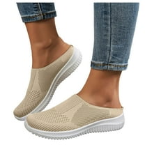 Women's Breathable Knit Walking Mules Fashion Backless Slip On Sneakers Soft Sole Non Slip Walking Shoes Beige Size 6.5