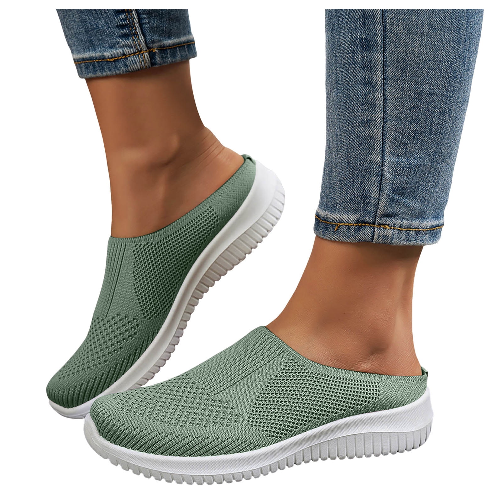 Women's Breathable Knit Walking Mules Fashion Backless Slip On Sneakers Soft Sole Non Slip Walking Shoes Green Size 10