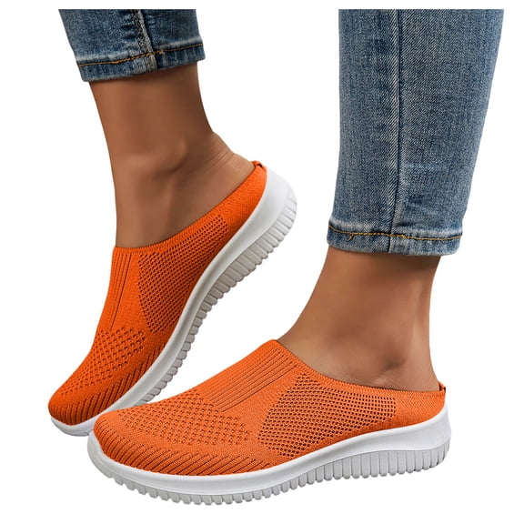Women's Breathable Knit Walking Mules Fashion Backless Slip On Sneakers Soft Sole Non Slip Walking Shoes Orange Size 6