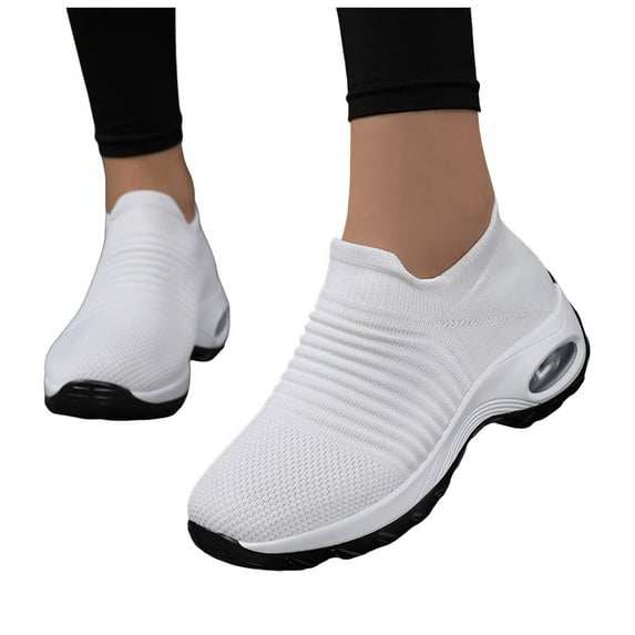 Women's Breathable Knit Walking Shoes Comfortable Slip On Sneakers Casual Non Slip Barefoot Shoes with Arch Support White Size 11
