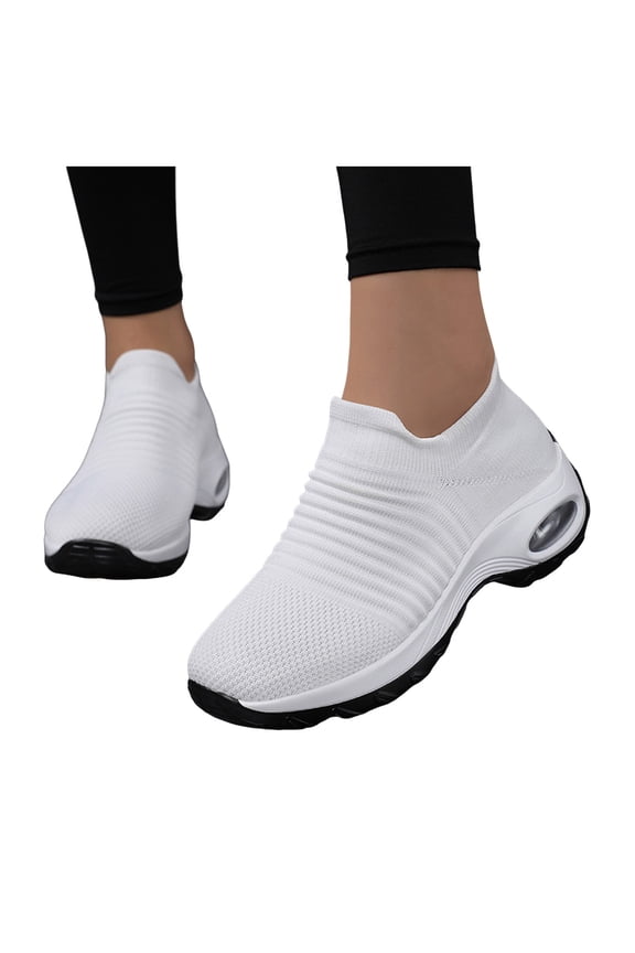 Women's Breathable Knit Walking Shoes Comfortable Slip On Sneakers Casual Non Slip Barefoot Shoes with Arch Support White Size 6.5