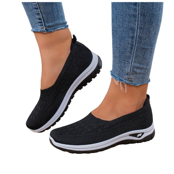 Women's Breathable Knitting Casual Flat Shoes Wedge Non Slip Walking Shoes Comfortable Low Top Slip On Mesh Loafers Black Size 7.5