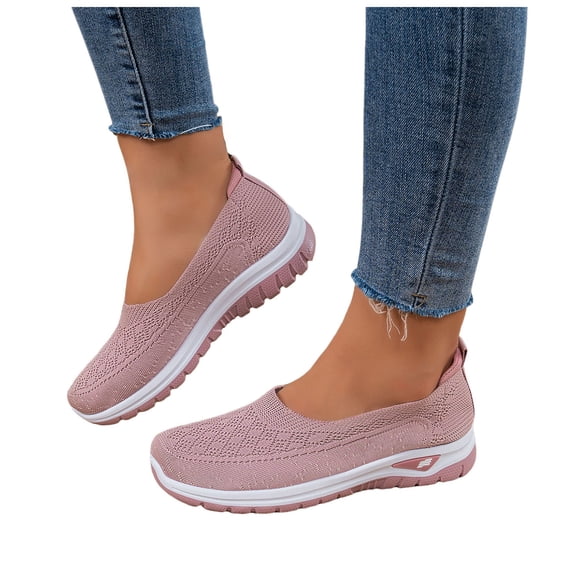 Women's Breathable Knitting Casual Flat Shoes Wedge Non Slip Walking Shoes Comfortable Low Top Slip On Mesh Loafers Red Size 7