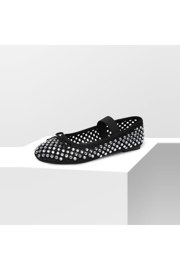 Women’s Breathable Lightweight Rhinestone Ballet Flats with Delicate Bow and Elastic Strap
