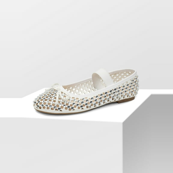 Women’s Breathable Lightweight Rhinestone Ballet Flats with Delicate Bow and Elastic Strap