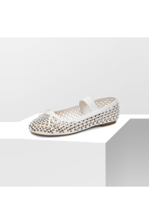 Women’s Breathable Lightweight Rhinestone Ballet Flats with Delicate Bow and Elastic Strap