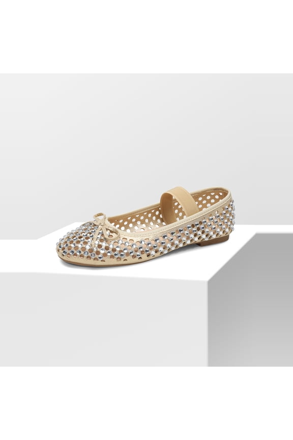 Women’s Breathable Lightweight Rhinestone Ballet Flats with Delicate Bow and Elastic Strap