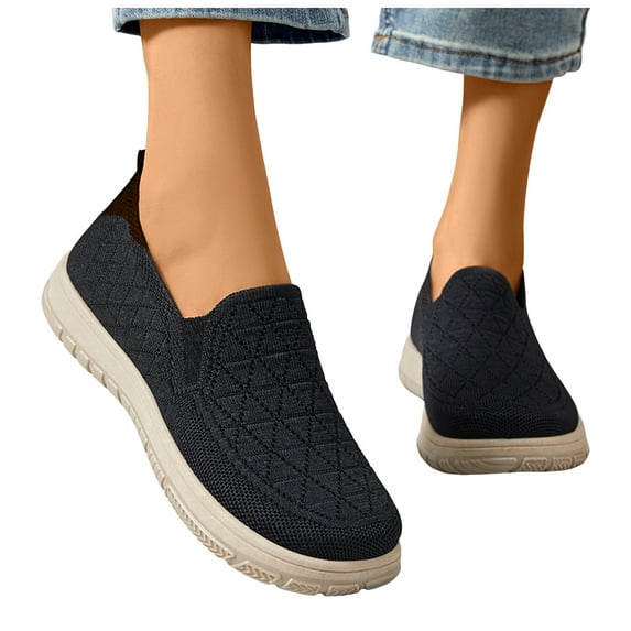 Women's Breathable Loafers Comfortable Woven Non Slip Walking Shoes Wide Toe Box Slip On Sneakers with Arch Support Black Size 8.5