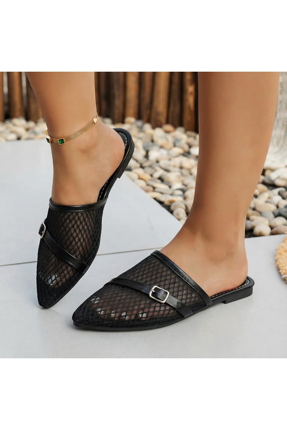 Women's Breathable Mesh Flat Mules, Elegant Slip-On Loafers Casual Mesh Braided Slide Sandals - Lightweight Comfort Walking Shoes for Women(Black, 6)