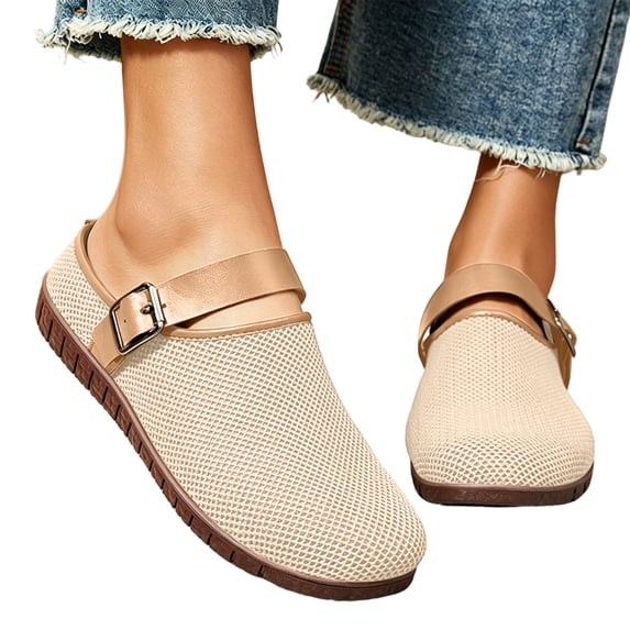 Women’s Breathable Mesh Flats Round Toe Adjustable Strap Slip-On Summer Shoes Lightweight Comfort Non-Slip Beige 8