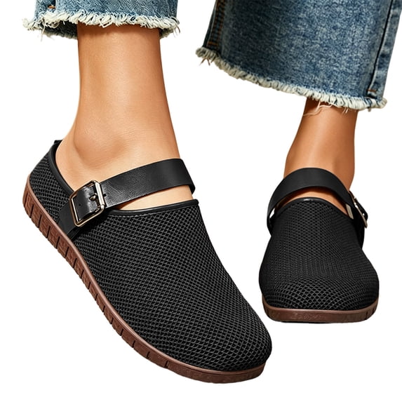 Women’s Breathable Mesh Flats Round Toe Adjustable Strap Slip-On Summer Shoes Lightweight Comfort Non-Slip Black 7