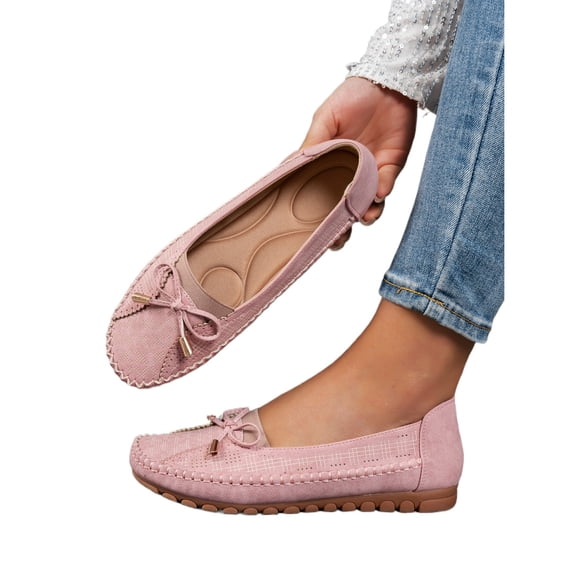 Women’s Breathable Slip-On Loafers, Soft Perforated Bow-Tie Flats, Lightweight Driving Moccasins, Casual Comfort Walking Shoes with Cushioned Insole & Anti-Slip Rubber Sole