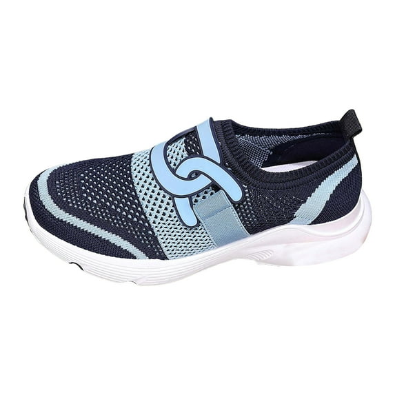 Women's Breathable Slip On Sneakers Fashion Color Blocked Lightweight Loafers Knit Non Slip Work Shoes Blue Size 6.5
