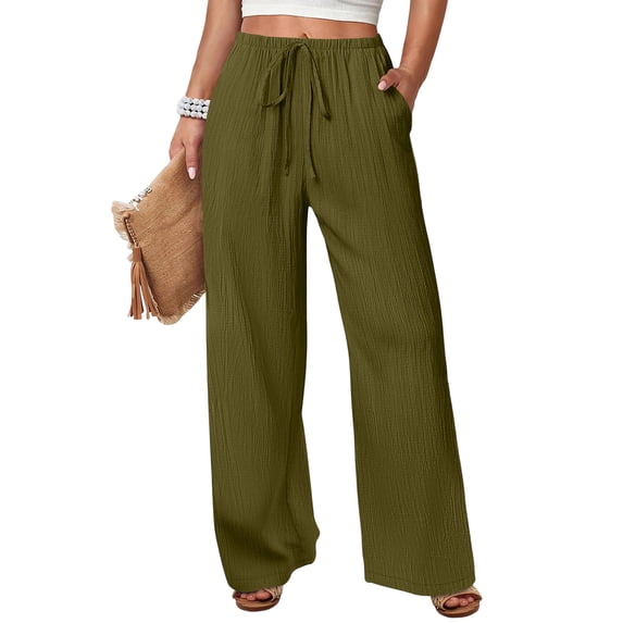 Women's Breathable Summer Linen Pants High Waist Wide Leg Casual Boho Vacation Trousers Army Green S