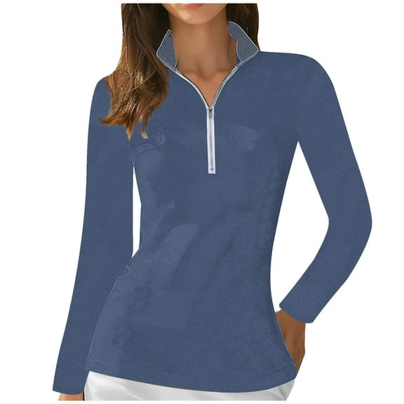 Women's Breathable Sweatshirts Lepal Collar Quarter Zip Pullover Top Long Sleeve Blouse for Outdoor Sports Navy S