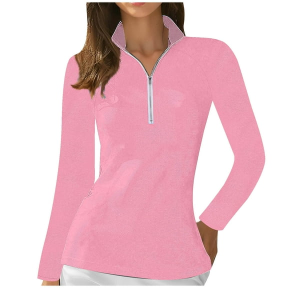 Women's Breathable Sweatshirts Lepal Collar Quarter Zip Pullover Top Long Sleeve Blouse for Outdoor Sports Pink L