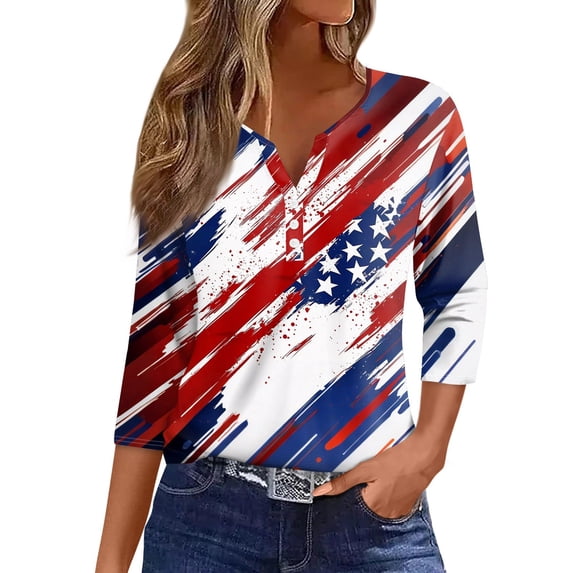 Women's Breathable V-Neck 3/4 Sleeve Tee, Patriotic Independence Day Print Casual Top for Hiking & Camping, Moisture-Management Fabric,Royal Blue 3XL