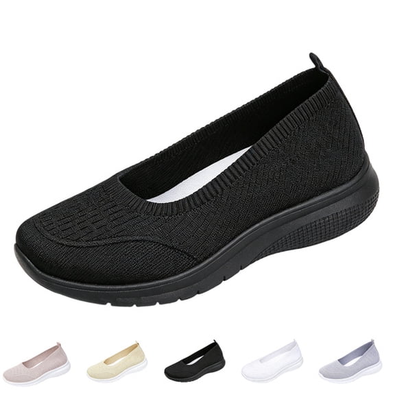 Women’s Breathable Walking Shoes-Slip On Mesh Knitted Flats Soft Gym Sneakers Flexible Lightweight Casual Easy Shoes,Black,37