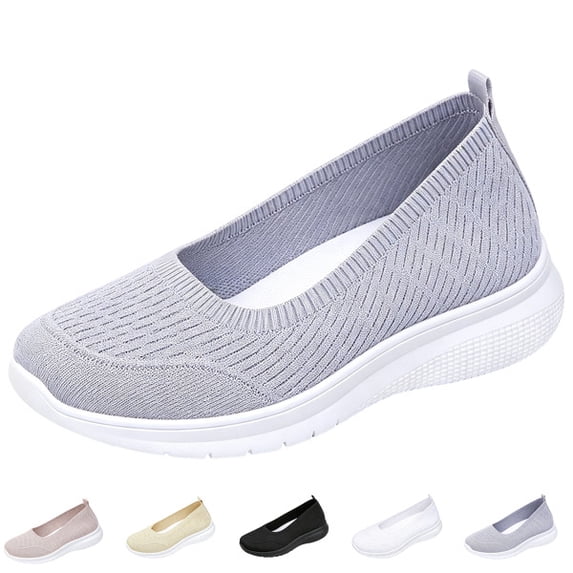 Women’s Breathable Walking Shoes-Slip On Mesh Knitted Flats Soft Gym Sneakers Flexible Lightweight Casual Easy Shoes,Light Gray,37