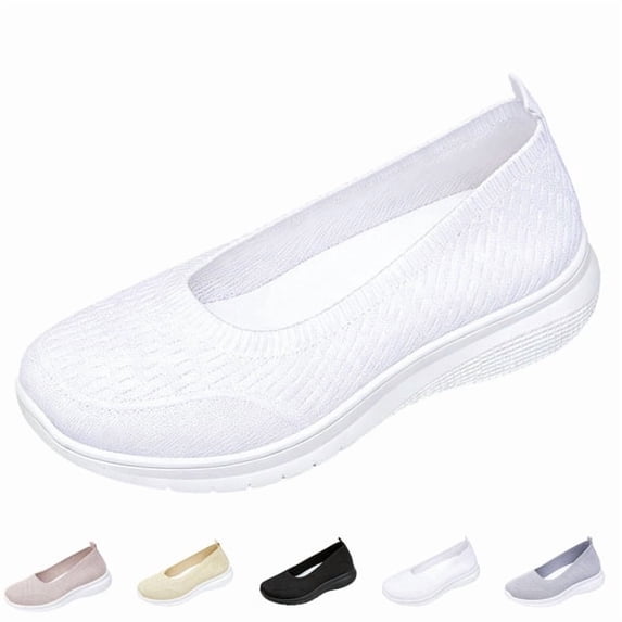 Women’s Breathable Walking Shoes-Slip On Mesh Knitted Flats Soft Gym Sneakers Flexible Lightweight Casual Easy Shoes,White,36