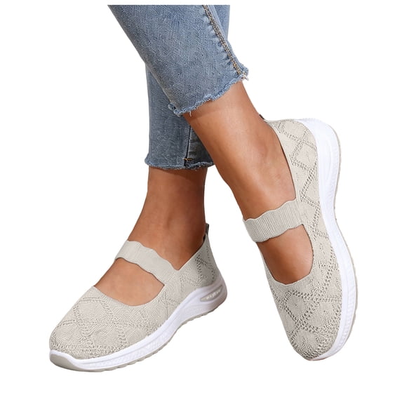 Women's Breathable Wedge Walking Shoes Lightweight Slip On Knit Mary Jane Shoe Comfortable Dressy Non Slip Loafers with Arch Support Beige Size 6