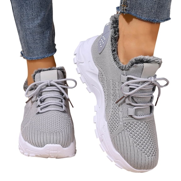 Women's Breathable Winter Boots Fleece Lined Lace Up Sneakers Comfortable Non Slip Platform Warm Tennis Shoes Gray Size 6
