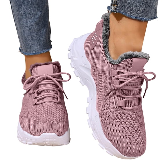 Women's Breathable Winter Boots Fleece Lined Lace Up Sneakers Comfortable Non Slip Platform Warm Tennis Shoes Pink Size 8