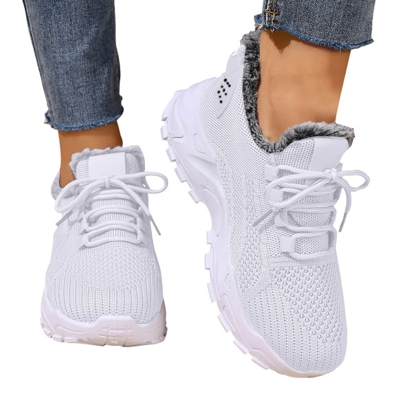 Women's Breathable Winter Boots Fleece Lined Lace Up Sneakers Comfortable Non Slip Platform Warm Tennis Shoes White Size 8.5