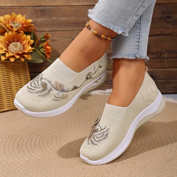 Women's Breathable Woven Walking Shoes, -on Comfortwear Lightweight Anti-Skid Sneakers Comfortable Casual Shoes(Beige,7)