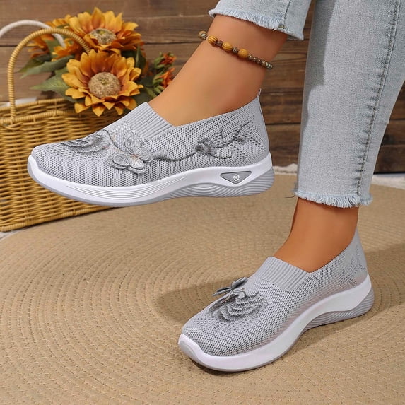 Women's Breathable Woven Walking Shoes, -on Comfortwear Lightweight Anti-Skid Sneakers Comfortable Casual Shoes(Grey,9.5)