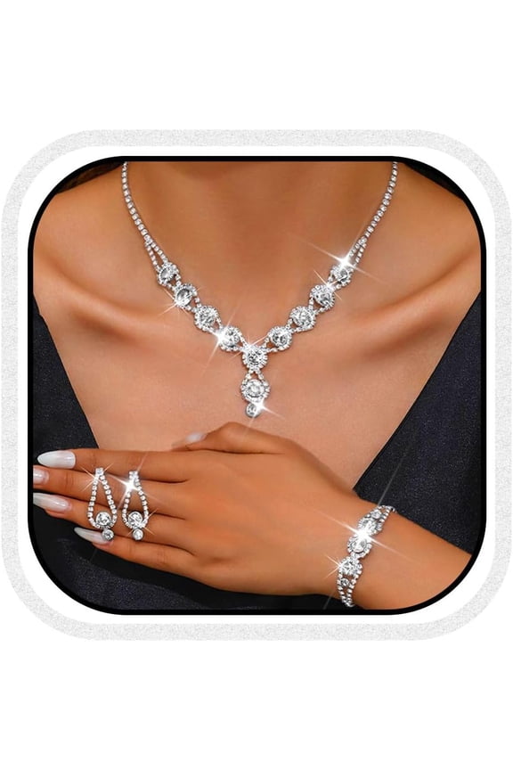 Women's Bridal Jewelry Set Rhinestone Necklace, Earrings, and Bracelet Set Formal Prom Dress Jewelry Set