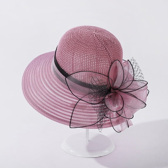 Women's Bridal Wedding Church Hat, Tea Party Wide Brim Summer Sun Cap, Elegant Ladies Dress Hat with Bow for Garden Party and Formal Occasions-Purple