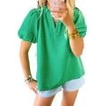 thumbnail image 1 of Women's Bright Green Textured Puff Short Sleeve Notched V Neck Top | [ZhiHiMeRi] | (US 12-14)L, 1 of 12