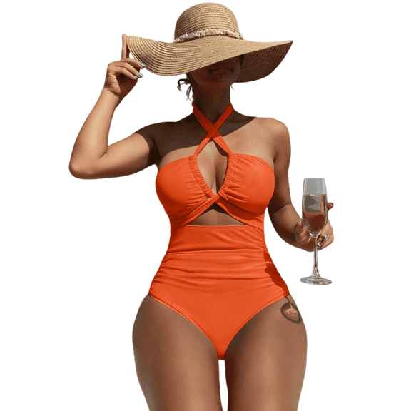 Women's Bright Orange Halter Cross-Neck Cutout One-Piece Swimsuit, Ruched Tummy Control Bathing Suit for Beach & Pool