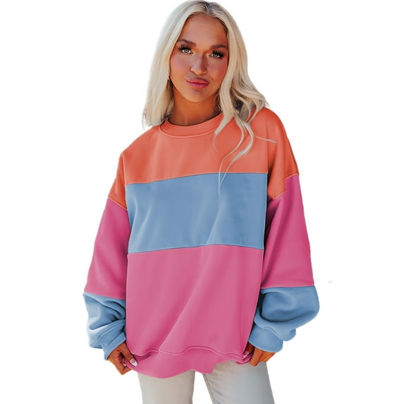 Women's Bright Pink Colorblock Patchwork Drop Shoulder Sweatshirt - [ZhiHiMeRi] | (US 20-22)2XL