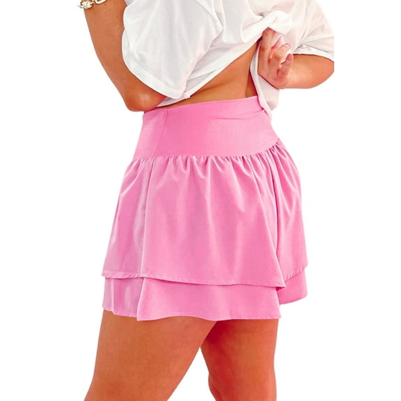 Women's Bright Pink Crossed Waist Tiered Flowy Shorts - Stylish Summer Casual Wear | [ZhiHiMeRi] | (US 12-14)L